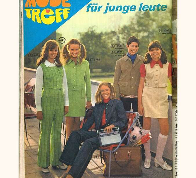 Eine Seite eines Versandkataloges. Der Titel ist "Modetreff für Junge Leute".